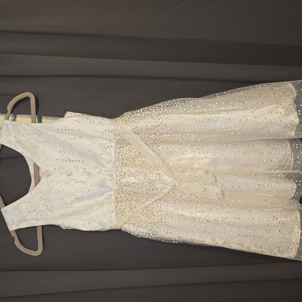 Jona Michelle Girls Cream/Gold Sequin Dress Christmas Ties Button Back Sz 12 EUC - Picture 6 of 11